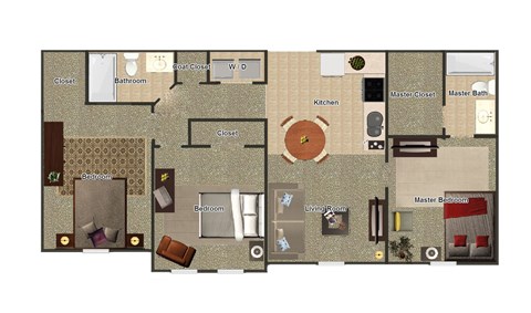 A floor plan of a house with a kitchen, living room, and two bedrooms.